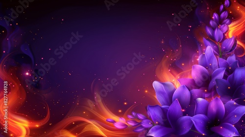  A single layer of purple background adorned with a multitude of purple flowers  overlaid with red and orange swirls