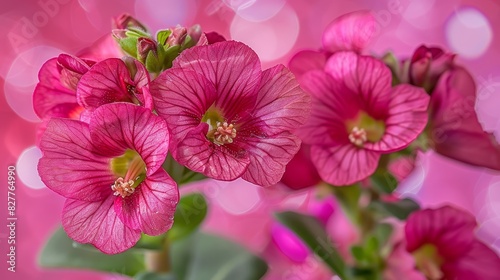  A vase filled with pink flowers against a pink backdrop The flowers and stems are distinct in the center, surrounded by a soft, blurry bokeh of light