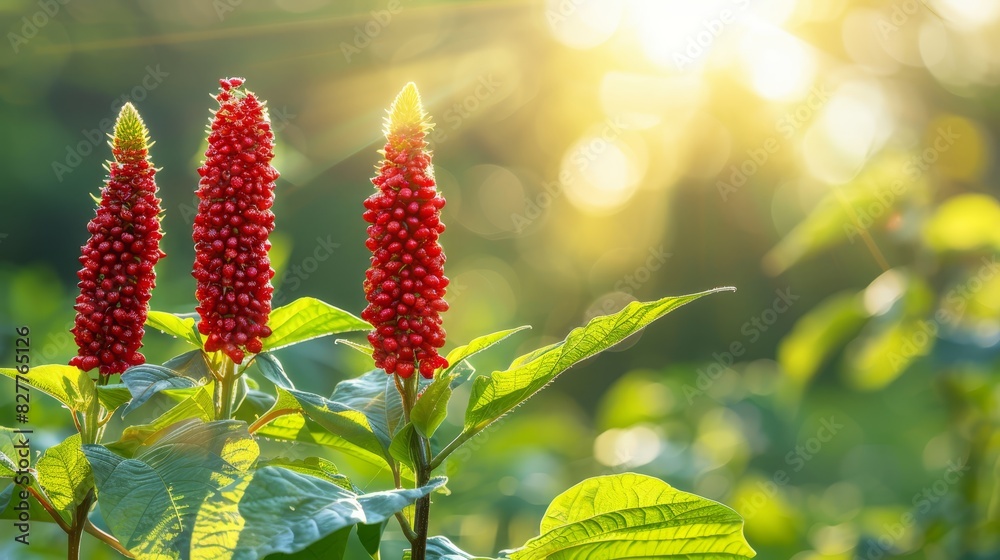 red flowers against green foliage in the foreground; sun's rays filtering through leaves, sunny backdrop