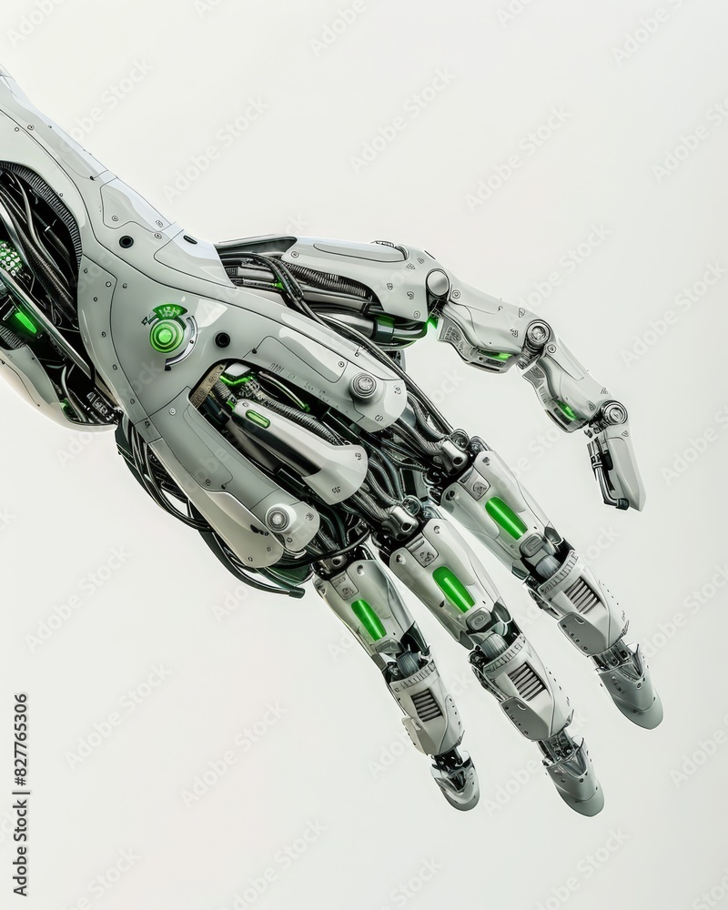 Sleek White and Green Robotic Hand Design. Generative AI. Sleek White and Green Robotic Hand Design. Generative AI.