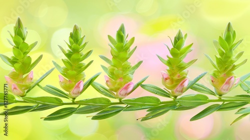 blurred green leaves background, pink flower bud in foreground
