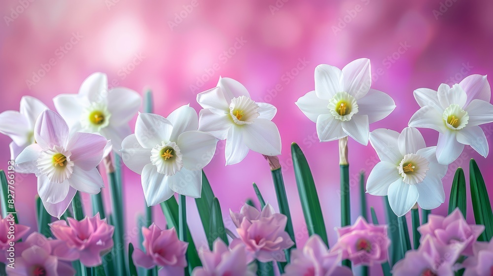 A collection of white and pink blossoms sits atop a purple and pink backdrop, with a center arrangement featuring white and pink blooms A collection of white and pink blossoms sits atop a purple and pink backdrop, with a center arrangement featuring white and pink blooms