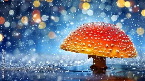  A tight shot of a vibrant umbrella on a damp surface, surrounded by a hazy backdrop of raindrops and illuminated by soft light beaming from above photo
