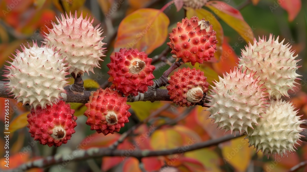 A tight shot of ripe fruit on a tree branch, with red, yellow, and green foliage in the foreground The background is softly blurred A tight shot of ripe fruit on a tree branch, with red, yellow, and green foliage in the foreground The background is softly blurred