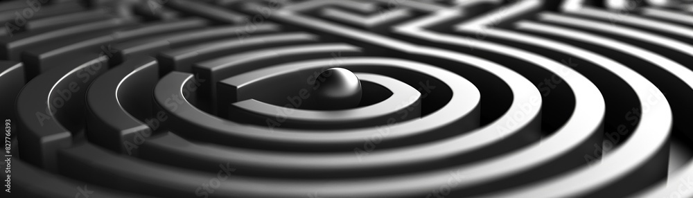 Black and white geometric maze with a single dot at the center, Op Art, Digital Art, High contrast 8K , high-resolution, ultra HD,up32K HD