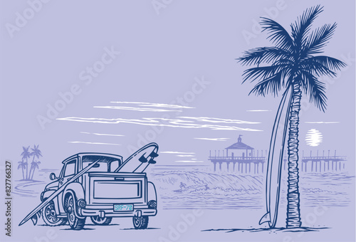 Beach landscape illustration with waves, surfer and surfer car. Art in free and uncluttered lines.