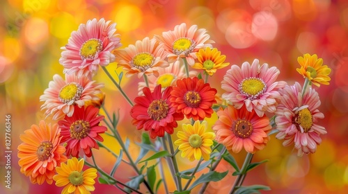  A tight shot of several flowers in a vase, placed on a table The foreground features a blurred array of petals Background includes an indistinct floral scene and a