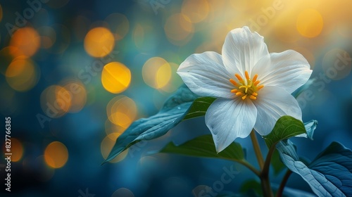  A white flower with green leaves against a backdrop of blurred blue and yellow lights