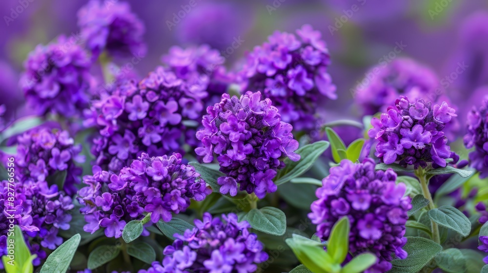 A foreground of purple flowers with green leaves and a blurry background of similar flowers A foreground of purple flowers with green leaves and a blurry background of similar flowers