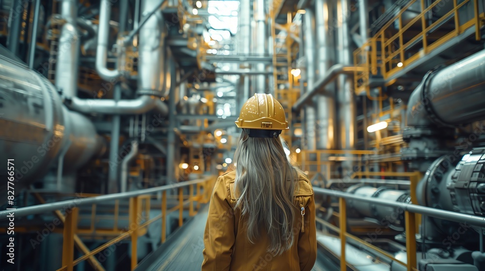 An influential woman on an oilrig, surrounded by massive steel machinery, symbolizing her pivotal role in the energy industry, with a sense of determination in her eyes An influential woman on an oilrig, surrounded by massive steel machinery, symbolizing her pivotal role in the energy industry, with a sense of determination in her eyes