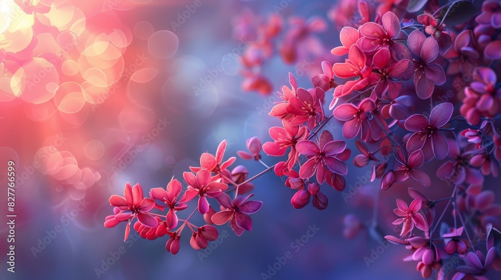 A tight shot of blooms on a branch, background lit softly and indistinctly, foreground bokeh of light originating behind A tight shot of blooms on a branch, background lit softly and indistinctly, foreground bokeh of light originating behind