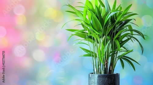  A potted plant on a table against a multi-colored background A blurred basket of lights is located behind the plant photo