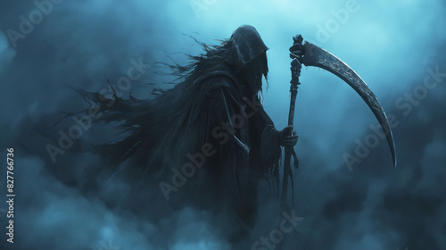 A shrouded figure with a scythe emerges from the thick fog, representing the mystical reaper.