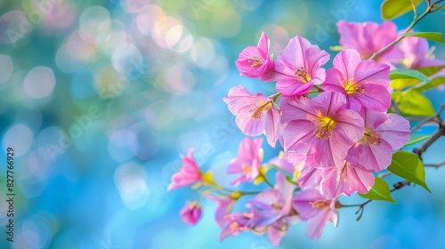  A close-up of pink flowers on a branch against a blurred backdrop of blue sky and green leaves, with a blurred expanse of blue sky above © Jevjenijs