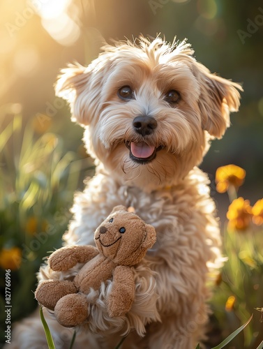 Smiling dog holding his toy, closeup shot in a sunlit garden, highlighting his happiness and playful spirit, realistic and vibrant, real photo style
