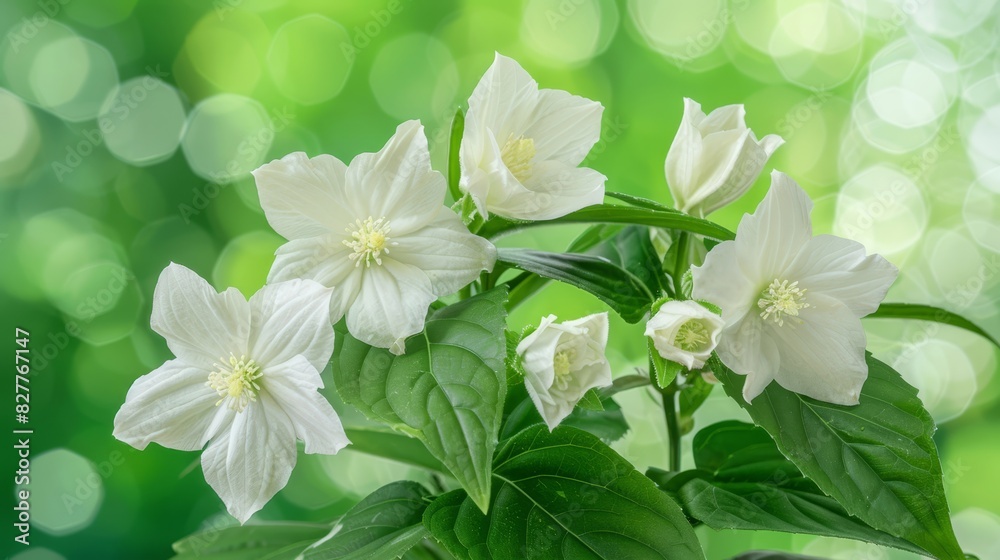  A cluster of white blooms atop a green-leafed tree branch against a blurred backdrop of greens and whites