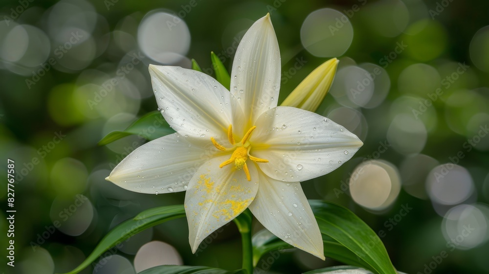 A close-up of a white flower, dewdrops on its petals, and green leaves against a softly blurred backdrop of trees A close-up of a white flower, dewdrops on its petals, and green leaves against a softly blurred backdrop of trees