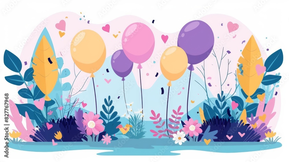 A whimsical outdoor Valentines Day scene, featuring a colorful garden, balloons, and confetti A lively background for celebration, with room for text or graphics to pop A whimsical outdoor Valentines Day scene, featuring a colorful garden, balloons, and confetti A lively background for celebration, with room for text or graphics to pop