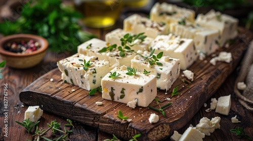Rustic Cutting Board Displaying Delicious Feta Cheese Garnished with Fresh Herbs, Perfectly Positioned on a Kitchen Table for a Culinary Delight
 photo