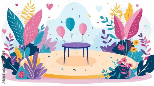 A whimsical outdoor Valentines Day scene, featuring a colorful garden, balloons, and confetti A lively background for celebration, with room for text or graphics to pop