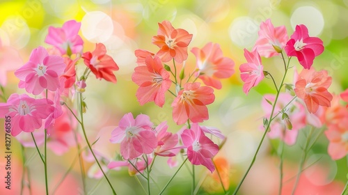  A blurred background of green and yellow hues, teeming with a dense cluster of pink and red flowers The middle ground features a more focused, yet still blurred, arrangement of