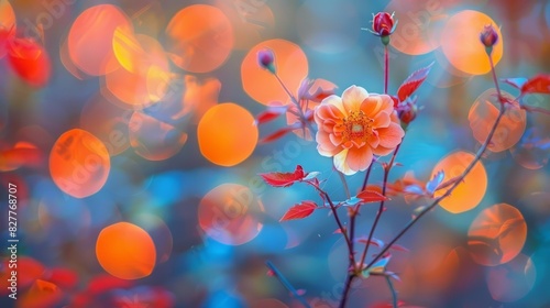  A close-up of a flower against a blurred backdrop of lights in the foreground, surrounded by a blurred foreground of leaves and flowers