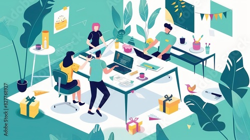 Design a digital illustration of a lively birthday gathering seen from the top, showcasing party decorations, gifts, and a cheerful ambiance, while allowing for text overlay
