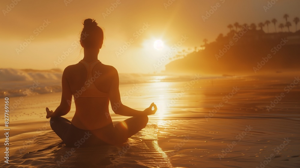 Morning Meditation: Young Woman in Sportswear on Beach at Sunrise Morning Meditation: Young Woman in Sportswear on Beach at Sunrise
