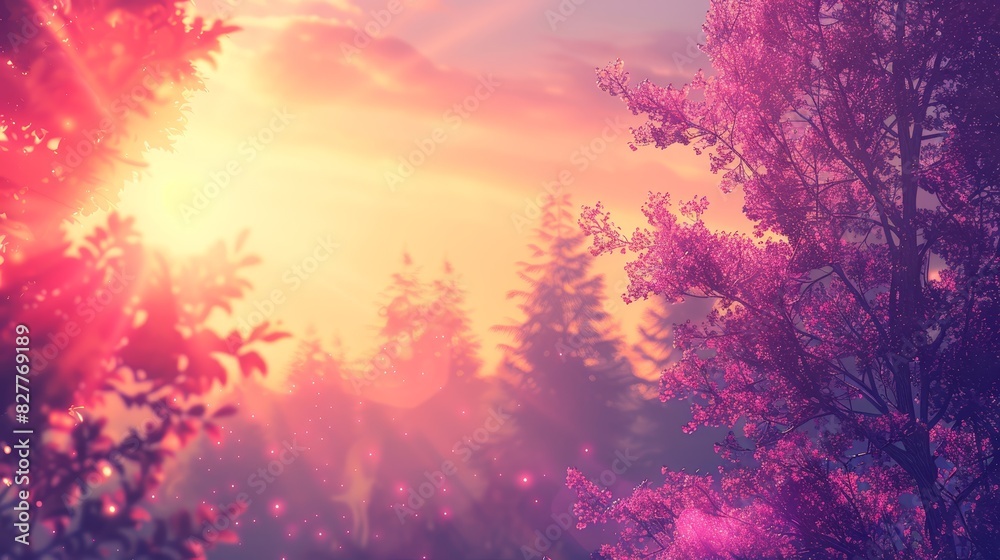 The sun brightly shines through trees, stars and sparkles populate the night sky in the image's foreground, while trees are silhouetted against the sun