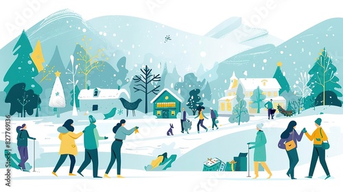 Craft a panoramic scene of a snowy Christmas village, brimming with joyful celebration Ensure theres ample space for text or copy against the lively background photo