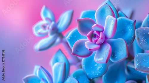  A tight shot of a blue-pink bloom, adorned with dewdrops, against a backdrop of softly blurred pink-blue floral swathes photo