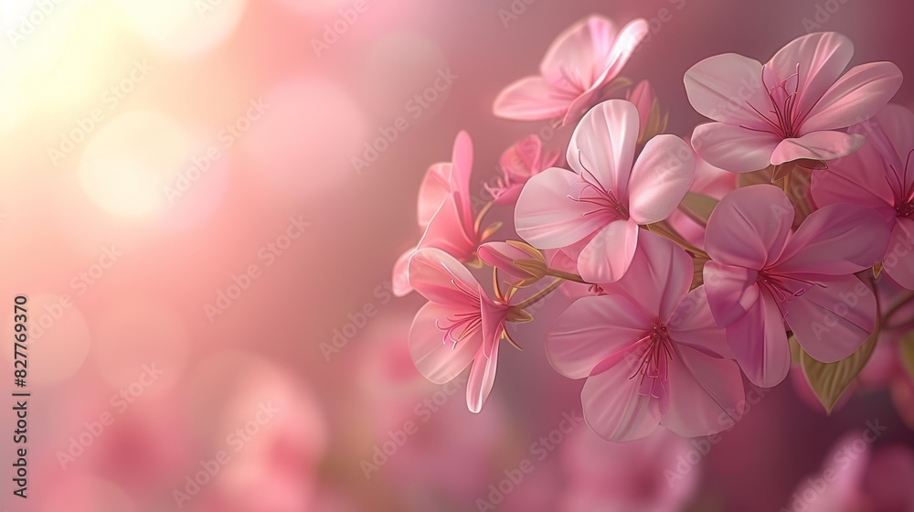 A bunch of pink flowers against a blurred backdrop, with a beacon of light emanating from above, illuminating the blossoms and casting shadows at the bottom ( A bunch of pink flowers against a blurred backdrop, with a beacon of light emanating from above, illuminating the blossoms and casting shadows at the bottom (