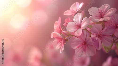  A bunch of pink flowers against a blurred backdrop, with a beacon of light emanating from above, illuminating the blossoms and casting shadows at the bottom (