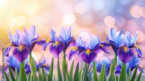  A cluster of purple blooms atop a verdant field of green grass In front, a bed of blue and purple blossoms lies against a hazy backdrop