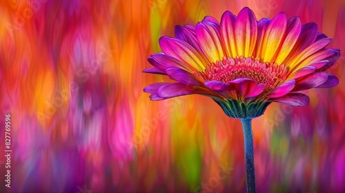  A close-up of a flower against a multi-colored backdrop, featuring a foreground blur of another flower, and a blurred image in the front