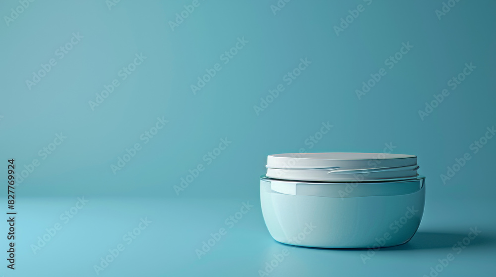 A small jar of cream sits on a blue background A small jar of cream sits on a blue background