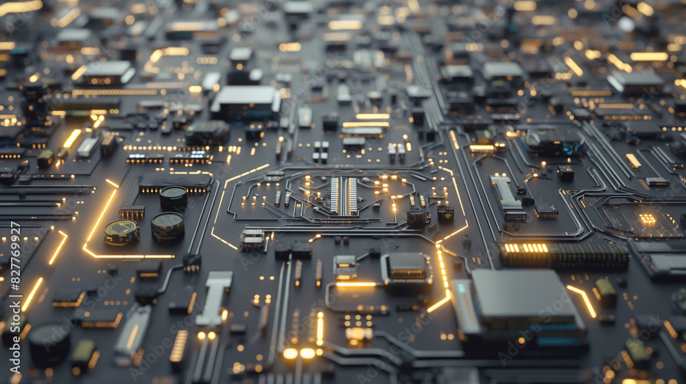 Close up of illuminated circuit board with glowing lines and components. Futuristic and detailed representation of modern technology Close up of illuminated circuit board with glowing lines and components. Futuristic and detailed representation of modern technology
