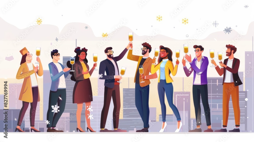 Obraz premium Illustrate a group of friends toasting with champagne glasses under falling snowflakes against a twilight sky Include room for text above the skyline Think warm colors contrasted w