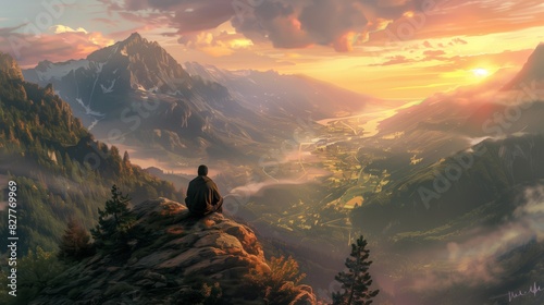 Peaceful Man on Mountain Peak Watching Sunset - Nature Harmony © mattegg