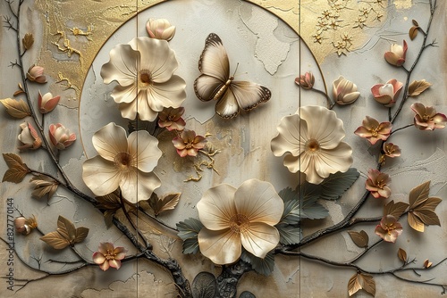 3 panel wall art, a collection of white golden circle-shaped works of art, each featuring intricate patterns of flowers, leaves and butterflies,