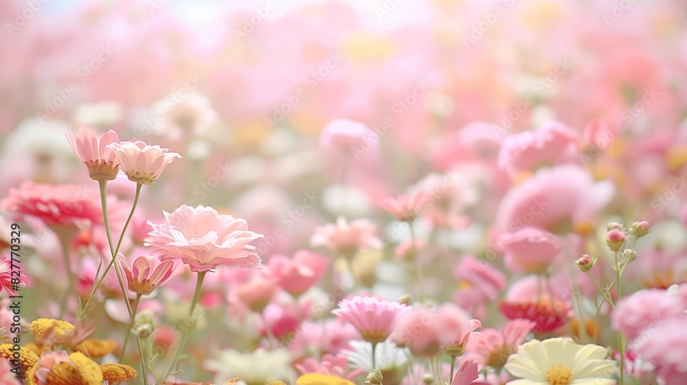 A field of pink, yellow, and white daisies bathed in sunlight Flowers line the sides, with sunbeams piercing their centers Sunlight filters through, illumin A field of pink, yellow, and white daisies bathed in sunlight Flowers line the sides, with sunbeams piercing their centers Sunlight filters through, illumin