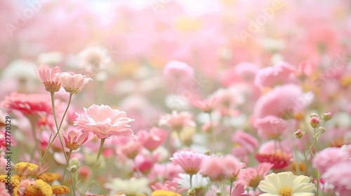  A field of pink, yellow, and white daisies bathed in sunlight Flowers line the sides, with sunbeams piercing their centers Sunlight filters through, illumin