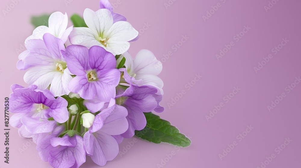  A pink background holds a bouquet of purple and white flowers on the left, accompanied by a green leafy stem On the right side, a pink backdrop displays an arrangement of white flowers