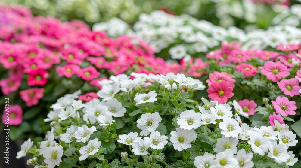 A planter filled with green leaves and a central cluster of pink and white flowers, surrounded by a backdrop of pink and white blooms A planter filled with green leaves and a central cluster of pink and white flowers, surrounded by a backdrop of pink and white blooms