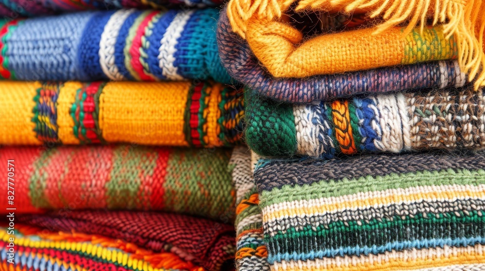 A pile of multicolored blankets sits atop a pile of wooden flooring Nearby, another pile of blankets rests atop yet more multicolored blankets A pile of multicolored blankets sits atop a pile of wooden flooring Nearby, another pile of blankets rests atop yet more multicolored blankets