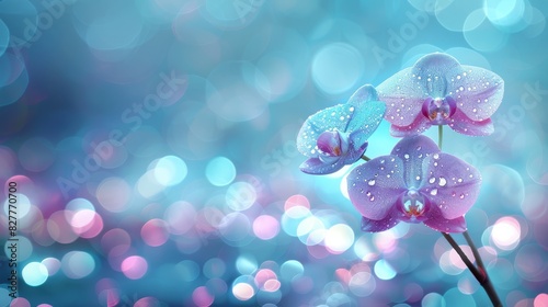  A tight shot of a purple flower with dew drops and a bluesy bokeh of light in the backdrop, blurring the distant background photo