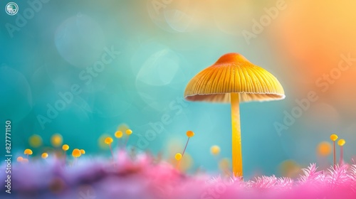  A yellow mushroom sits in a field of purple and yellow flowers against a backdrop of bright blue and pink sky The surrounding area is softly blurred, revealing a hint of blue sky pe photo