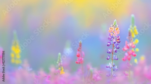   a flower bundle in a field of purple  pink  yellow  and green blooms against a pastel backdrop of blue  pink  yellow  green  purple  and