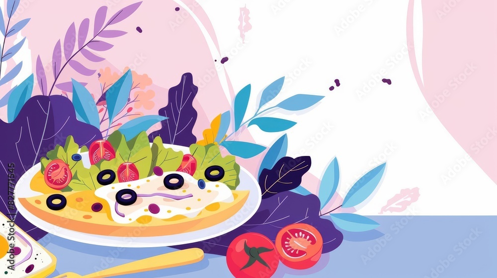 Produce an illustration of a tilted angle view of a variety of vibrant and nutritious healthy meals displayed on a flat surface with ample copy space in the background Produce an illustration of a tilted angle view of a variety of vibrant and nutritious healthy meals displayed on a flat surface with ample copy space in the background