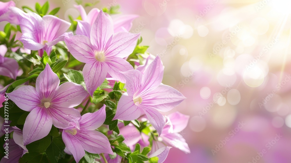  A vase holding pink flowers sits atop a green, leafy plant Behind is a backdrop of soft pink and white hues